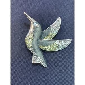 Vintage Hummingbird Bird Brooch Pin Gold Tone Green Enamel Rhinestone Costume